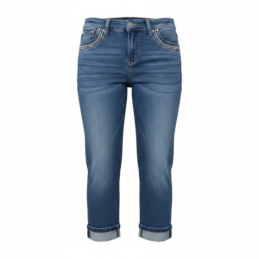 Earl Jean Womens 6 Y2K Rhinestone Lace Embellished Cuffed Capri Jeans